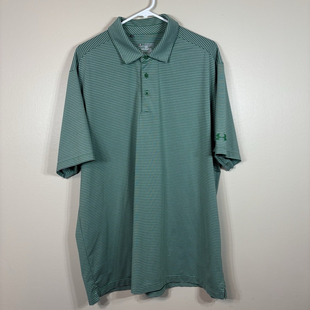 Under Armour Loose HeatGear Short Sleeve Polo Shirt Men 2XL Green Striped
